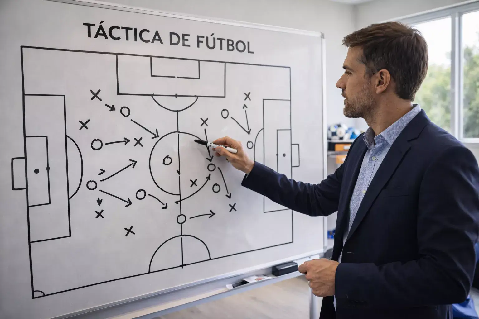Voetbalcoach tekent tactiek op een whiteboard